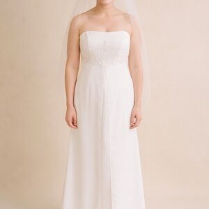 David's Bridal Strapless White Wedding Dress with Beaded Waist